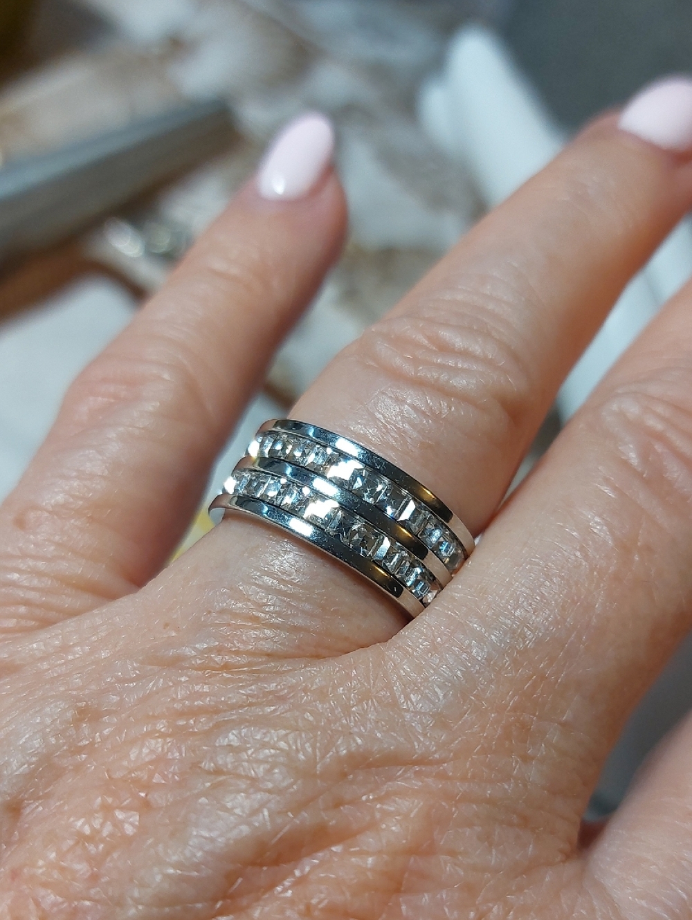 Stainless Steel Double Row Crystal Clear Stone Ring Sz 5